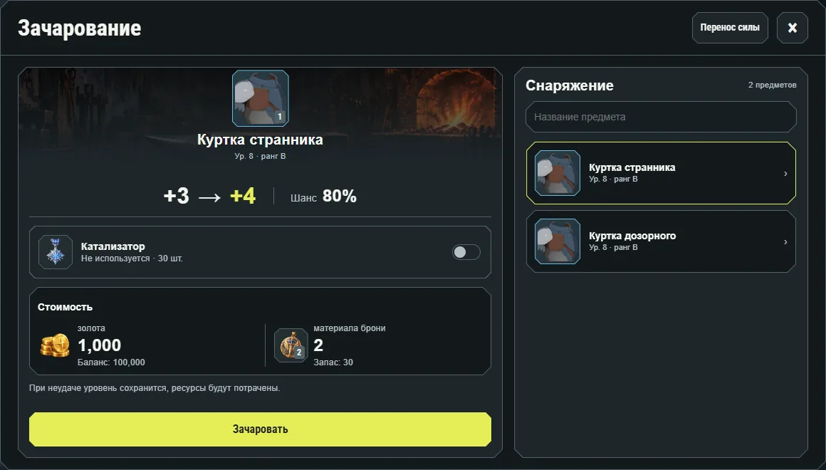 Пример текущего интерфейса: Кузница и усиление предметов. Показатели относятся к персонажу на иллюстрации.