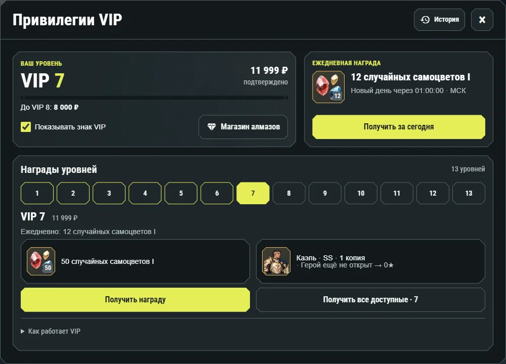 Пример текущего интерфейса: Привилегии VIP. Показатели относятся к персонажу на иллюстрации.