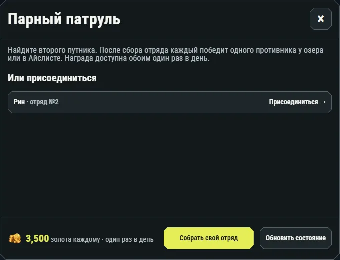 Пример текущего интерфейса: Совместный патруль. Показатели относятся к персонажу на иллюстрации.